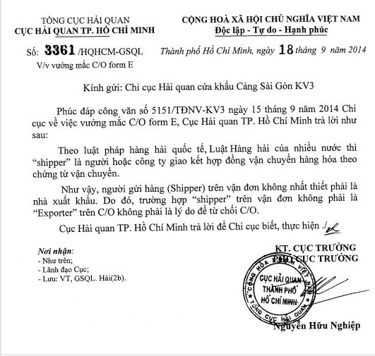Shipper trên Bill khác Exporter trên CO form E